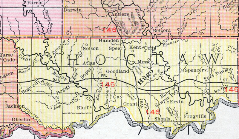 Choctaw County, Oklahoma 1911 Map, Rand McNally, Hugo, Boswell, Soper, Swink, Speer, Grant, Sawyer, Spencerville, Fort Towson, Frogville, Boggy, Messer, Ervin, Goodland