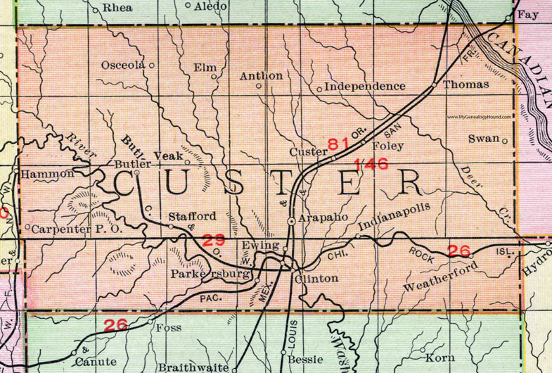 Custer County, Oklahoma 1911 Map, Rand McNally, Clinton, Arapaho, Weatherford, Thomas, Custer City, Stafford, Butler, Osceola, Anthon, Independence, Thomas, Foley, Ewing, Clinton, Indianapolis