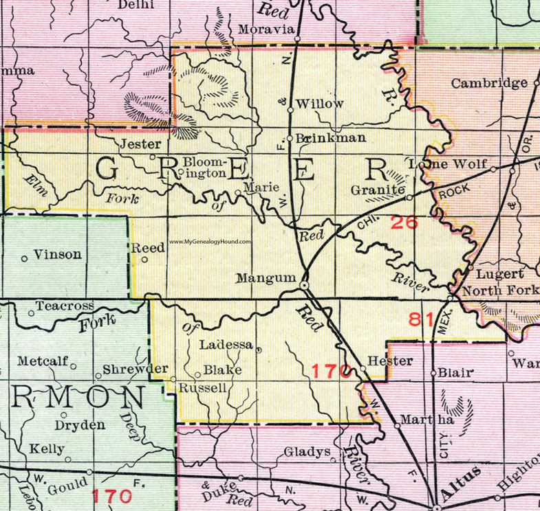 Greer County, Oklahoma 1911 Map, Rand McNally, Mangum, Granite, Brinkman, Blake, Bloomington, Hester, Jester, Ladessa, Marie, North Fork, Reed, Russell, Willow