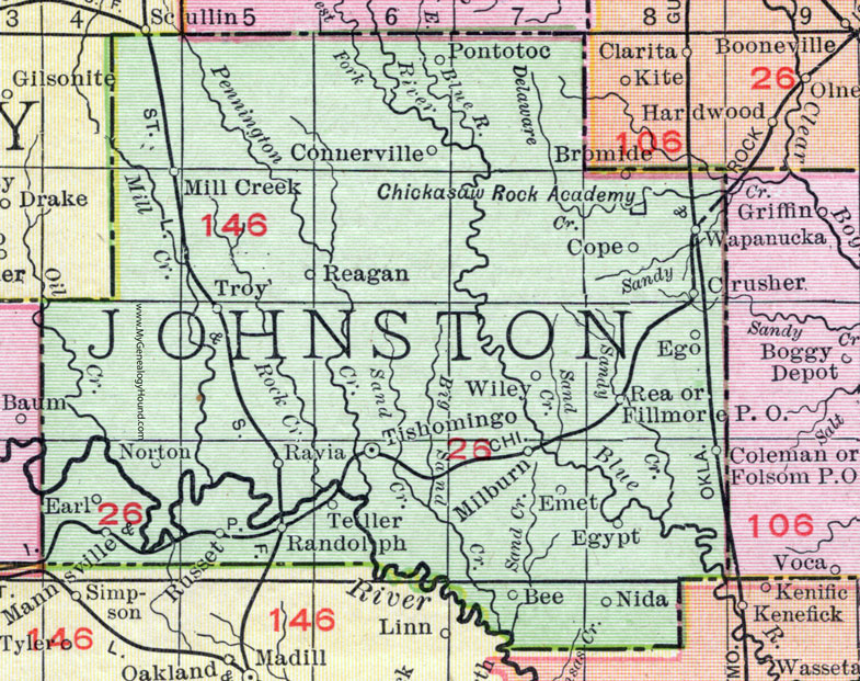 Johnston County, Oklahoma 1911 Map, Rand McNally, Tishomingo, Wapanucka, Ravia, Mill Creek, Mannsville, Connerville, Bromide, Milburn, Coleman, Russet, Teller, Egypt, Pontotoc, Emet