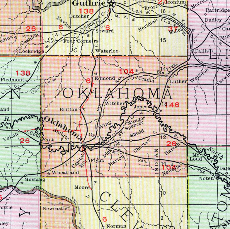 Oklahoma County, Oklahoma 1911 Map, Rand McNally, Oklahoma City, Edmond, Choctaw, Spencer, Jones, Arcadia, Wheatland, Greig, Ambric, Flynn, Dickson, Marion, Witcher, Britton, Harrah, Newalla
