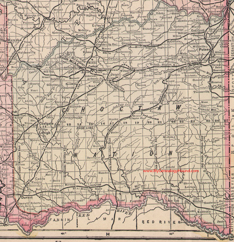 Choctaw Nation Map 1905 Indian Territory Oklahoma Poteau, Durant, South McAlester, Hartshorne, Tuskahoma, Coalgate, Lehigh, OK, IT