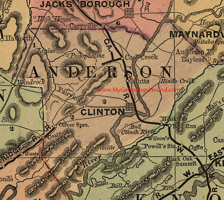 Anderson County, Tennessee 1888 Map Clinton, Podopholine, Ligias, Fairview, Oliver Springs, Robertsville, Scarborough, Clinch River, Bud, Heiskells, Offutts, TN
