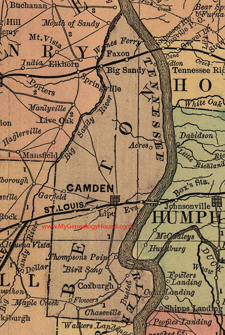 Benton County, Tennessee 1888 Map Camden, Big Sandy, Garfield, Coxburgh, Chaseville, Thompsons Point, Busted, Flowers, Bird Song, Lipe, Eva, Acres, Faxon, IL
