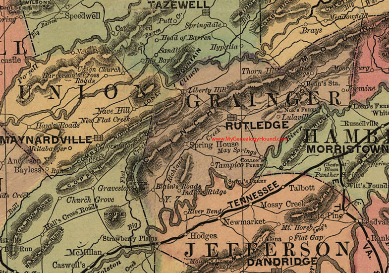 Grainger County, Tennessee 1888 Map Rutledge, Lulaville, Tampico, Jarmine, Thorn Hill, Spring House, May Springs, Blain's Roads, Indian Ridge, TN