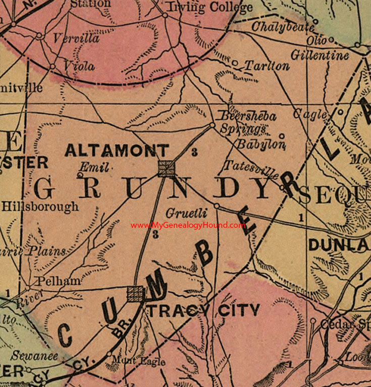 Grundy County, Tennessee 1888 Map Altamont, Tracy City, Monteagle, Babylon, Tarlton, Tatesville, Gruetli, Pelham, Emil, TN