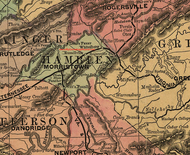 Hamblen County, Tennessee 1888 Map Morristown, Russellville, Whitesburg, Witt's Foundry, Rogersville Junction, Panther Springs, Chestnut Bloom, Spring Vale, Long's Ferry, TN 