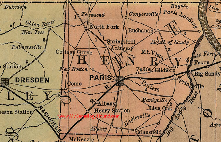 Henry County, Tennessee 1888 Map Paris, Buchanan, Albany, Haglerville, Mansfield, Como, Townsend, Conyersville, Porters, India, TN