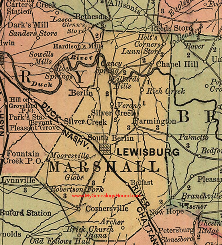 Marshall County, Tennessee 1888 Map Lewisburg, Cornersville, Chapel Hill, Farmington, Belfast, Archer, Mooresville, Verona, Lunn Store, TN