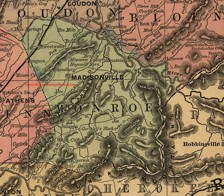 Monroe County, Tennessee 1888 Map Madisonville, Sweetwater, Hiwasse College, Jallappa, Epperson, Povo, Mountainville, Christiansburg, Brokehill, TN