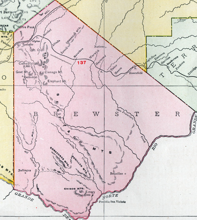 Brewster County, Texas, Map, 1911, Alpine, Marathon, Lenox, Altuda, Rosenfeld, Maxon