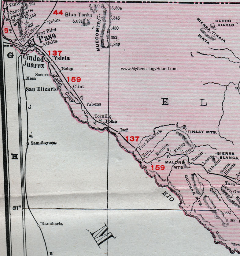 An enlarged view of the west half of El Paso County, Texas.