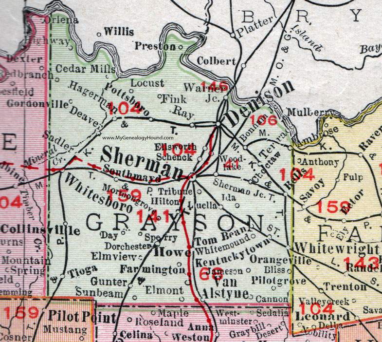 Grayson County, Texas, 1911, Map, Rand McNally, Sherman, Denison, Van Alstyne, Howe, Whitewright, Whitesboro, Collinsville, Tom Bean, Kentuckytown, Pottsboro, Tioga, Farmington, Hagerman, Deaver