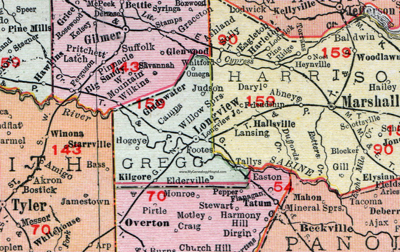 Gregg County, Texas, 1911, Map, Rand McNally, Longview, Kilgore, Gladewater, Elderville, Judson, Omega, Hogeye, Footes, Willow Springs, Camps, Tallys