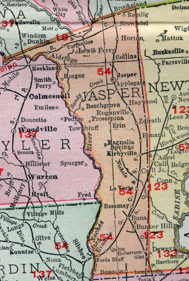Jasper County, Texas, 1911 Map, Rand McNally, Kirbyville, Magnolia Springs, Buna, Bessmay, Evadale, Roganville, Bonami, Haywood, Applegate, Remlig, Le Verte, Bunker Hill, Desanque, Prosperpina, Zeirath