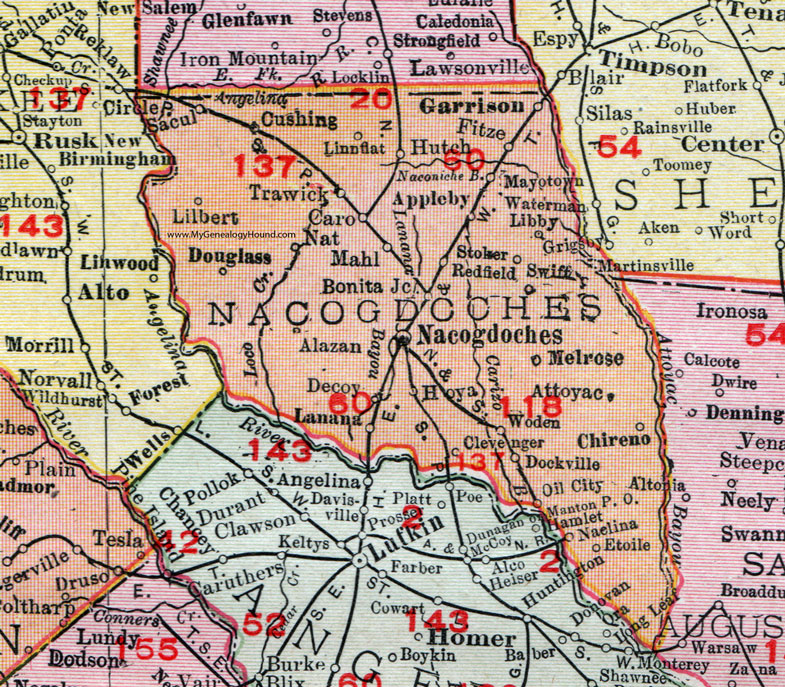 Nacogdoches County, Texas, 1911, Map, Rand McNally, Garrison, Cushing, Chireno, Appleby, Melrose, Martinsville, Etoile, Woden, Trawick, Sacul, Douglass, Attoyac, Alazan, Lanana, Dockville, Stoker