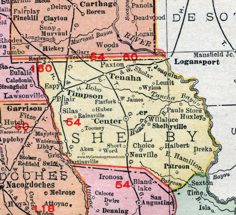 Shelby County, Texas, 1911 Map, Rand McNally, Center, Timpson, Tenaha, Joaquin, Shelbyville, Neuville, Patroon, Grigsby, Huxley, Halbert, Dreka, Aken, Waterman, Espy, Sholar, Wylma, Bobo