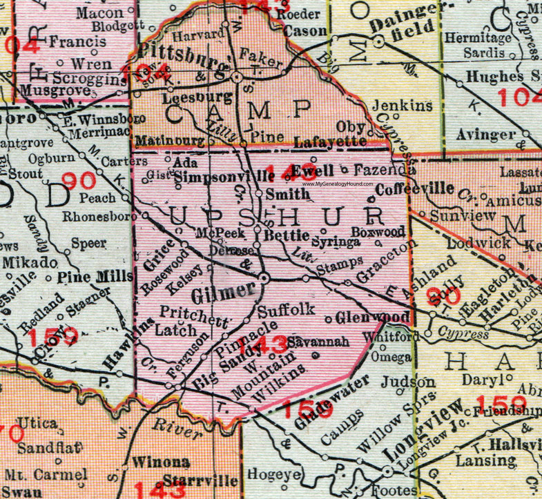 Upshur County, Texas, 1911, Map, Rand McNally, Gilmer, Big Sandy, Glenwood, Ashland, Simpsonville, Pritchett, Bettie, Fazenda, Coffeeville, Grice, Kelsey, McPeek, Syringa, Pritchett, Wilkins, Suffolk, Graceton