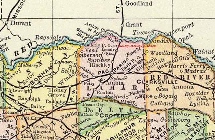 Lamar County, Texas 1897 Map Paris, Roxton, Fulbright, Faught, Arthur City, Hinckley, Sylvan, Ambia, Petty, Sumner, TX