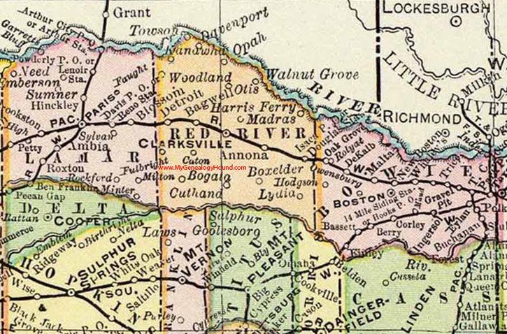 Red River County, Texas 1897 Map Clarksville, Bogata, Detroit, Annona, Cuthand, Opah, Bagwell, Madras, Fulbright, Kanawha, TX