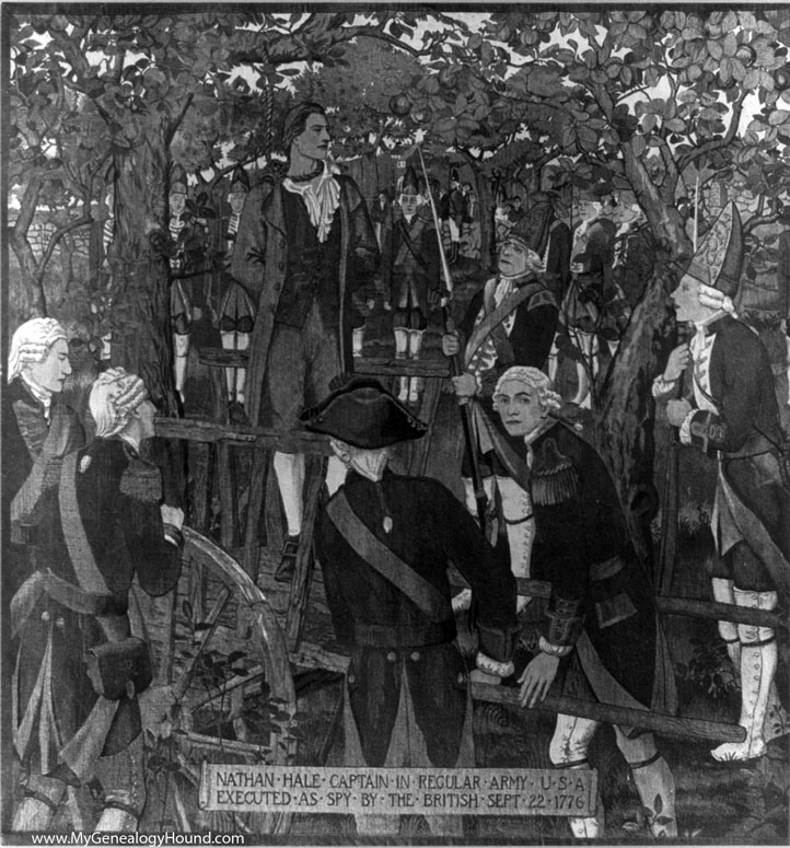 A 1913 mural painting by Albert Herter of the execution of Nathan Hale.