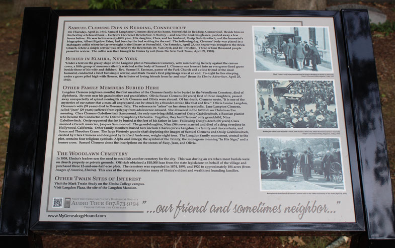 The historical marker in Woodlawn Cemetery concerning Mark Twain - Samuel Clemens.