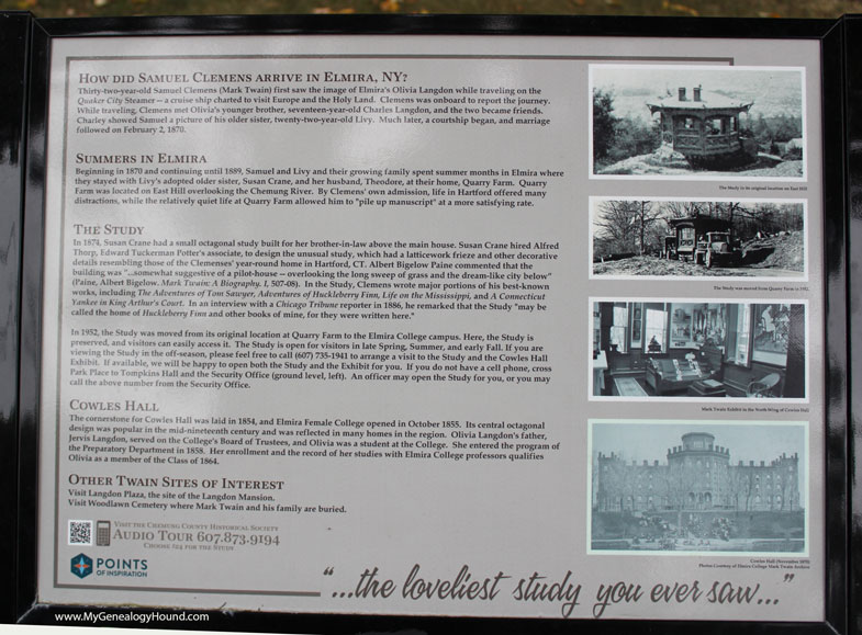 The historical marker located near the Study used by Mark Twain from 1874 to 1889, Elmira, New York.
