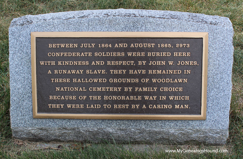 Monument honoring John W. Jones, a former slave, who dug the graves and buried each of the 2,973 Confederate soldiers buried in Woodlawn National Cemetery, Elmira, New York.