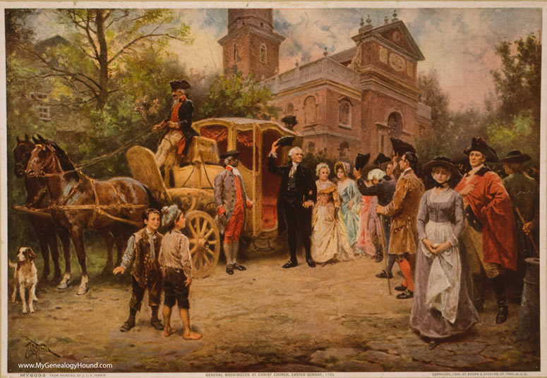 Historic painting of General Washington at Christ Church, Easter Sunday, 1795, Philadelphia, Pennsylvania by artist Jean Leon Gerome Ferris, 1908