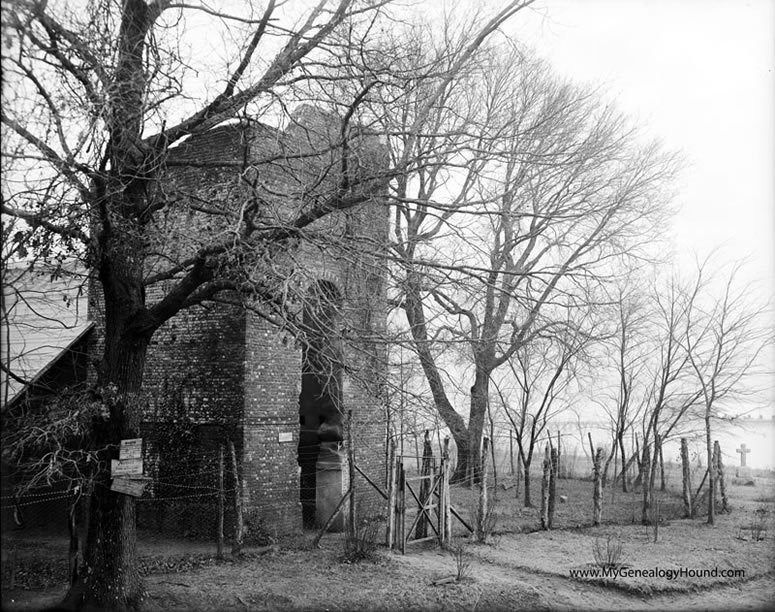Old Church Tower, Jamestown, Virginia, 1639, with warning signs