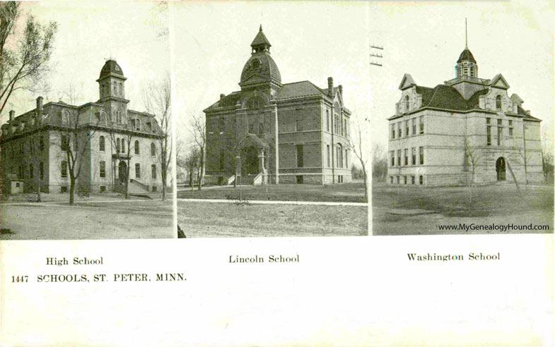 St. Peter, Minnesota, High School, Lincoln School, and Washington School, vintage postcard photo