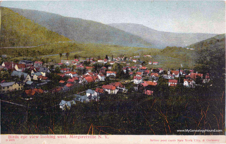 Margaretville, New York, Birds Eye View looking West, vintage postcard photo, color