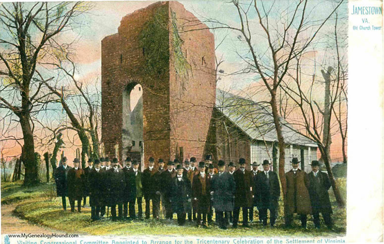 Church Tower ruins, Jamestown, Virginia picturing the Visiting Congressional Committee Appointed to Arrange for the Tricentenary Celebration of the Settlement of Virginia